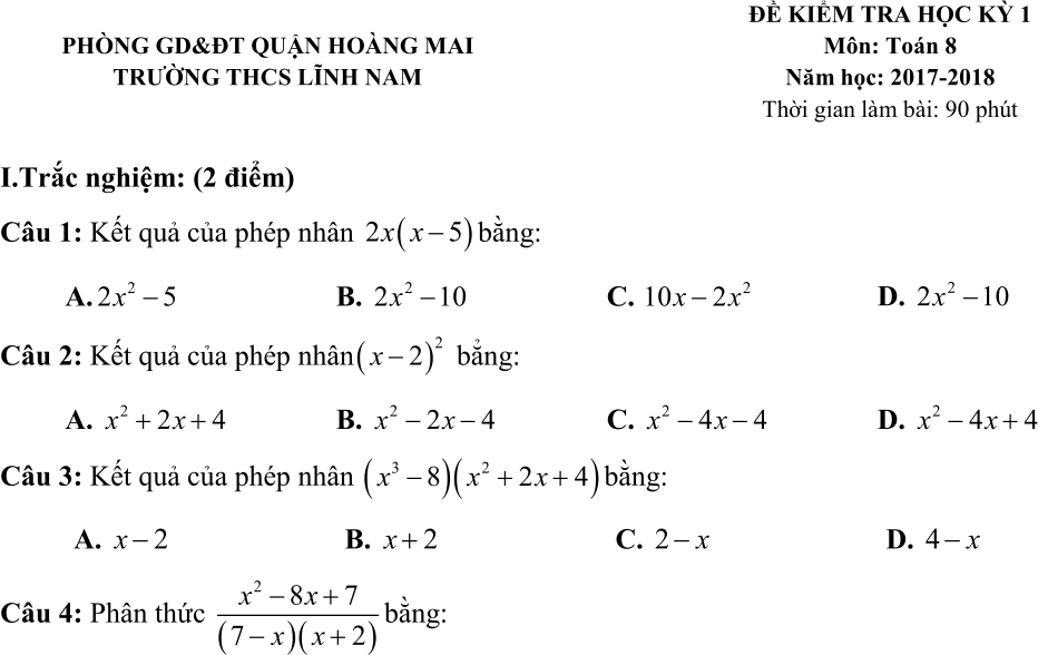 Đề thi HK 1_THCS Lĩnh Nam năm học 2017 - 2018